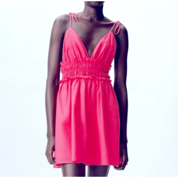 Zara NWT Hot Pink Mini Babydoll Sundress Ruffle Trim Spaghetti Tie Strap Sz M - Picture 15 of 16